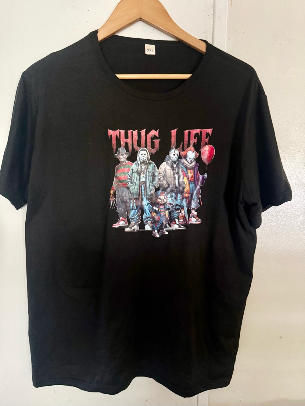 Black "Thug Life" Graphic Tee - Horror Character Crew Shirt